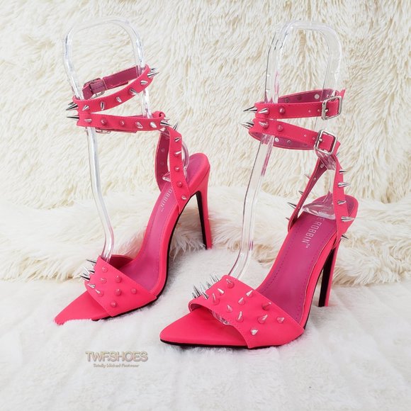Hot Pink Spike Stud Double Strap High Heel Shoes - Picture 4 of 16